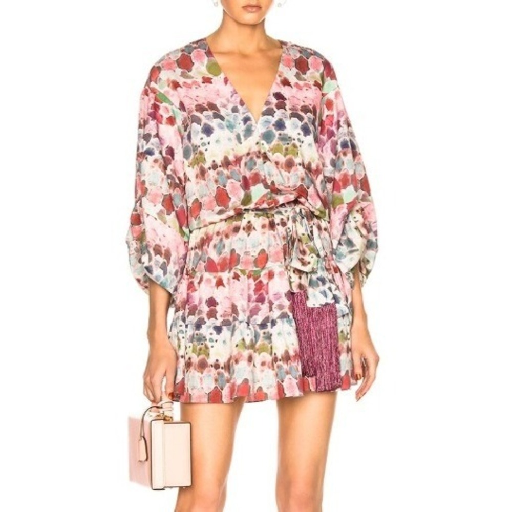 Alexis Multicolor Watercolor Print Mini Dress - Pink, Green, Blue -No belt.
